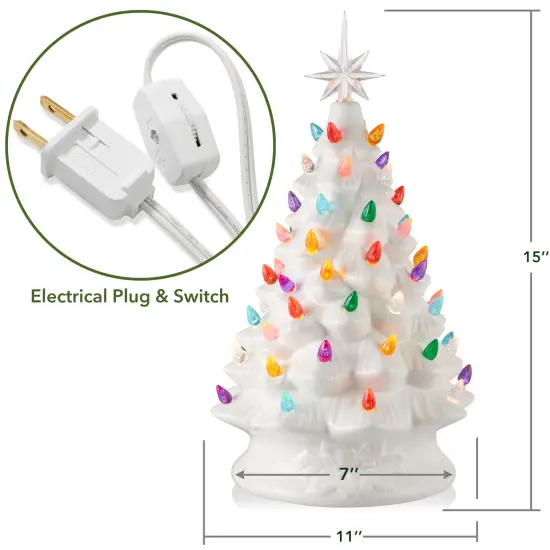 Casafield Hand Painted Ceramic Christmas Tree, White 15-Inch Pre-Lit Tree with 128 Multi Color Lights and 2 Star Toppers {6}