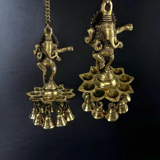 Brass Ganesha Wall Hanging Diya with Bells Ganesh Hanging Idol Oil Lamp Diya for Home Temple Mandir Office Diwali Decor Kathu Vilakku Puja Diyas - Deepawali Housewarming Return Gifts {2}