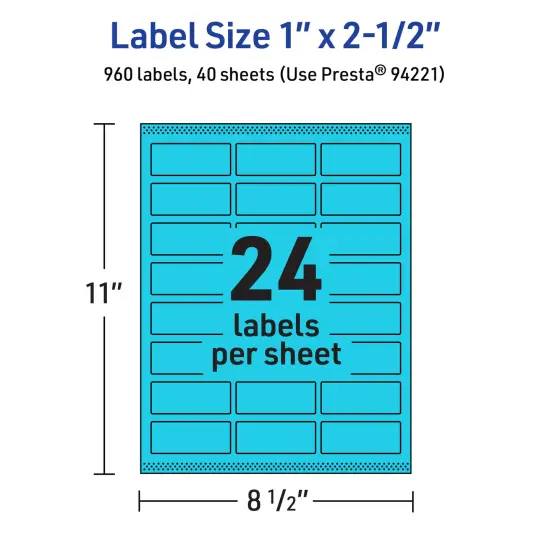 Avery Bright Blue Paper Labels, 1" x 2.5" Rectangle {5}