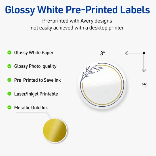 Avery Printable Round Labels, Gold & Navy Border with Florals, 3" Diameter, Glossy White Round Labels, Permanent, Laser/Inkjet, 60ct, Great for Product Labels {2}