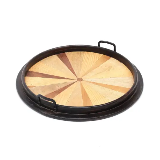 Round Wooden Serving Tray with Sunburst Inlay &ndash; 23.5" Decorative Tray with Black Rim & Handles {3}