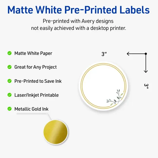 Avery Printable Round Labels, Gold Double Border with Florals, 3" Diameter, Matte White Round Labels, Permanent, Laser/Inkjet, 60ct, Great for Product Labels {2}