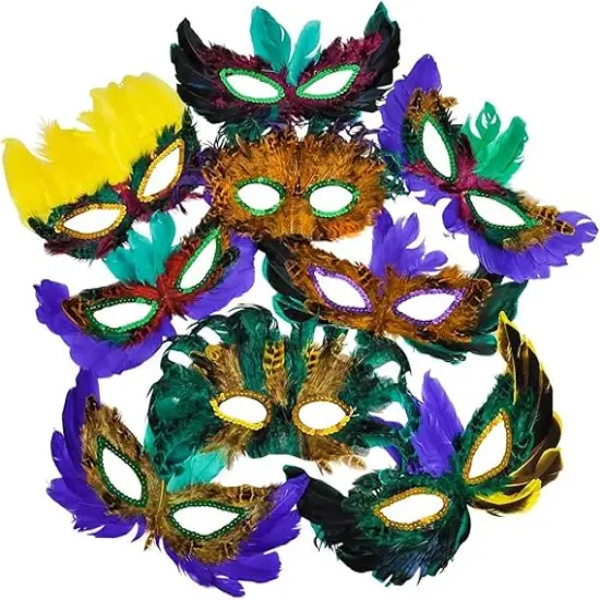 4E's Novelty 12 Pack Bulk Mardi Gras Masks With Feathers for Adult Men Women, Masquerade Party Masks for Mardi Gras Outfit Accessories {1}