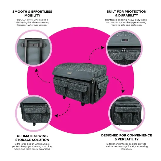 Everything Mary XXL 4 Wheel Collapsible Rolling Sewing Machine Storage Case, Grey Floral {5}