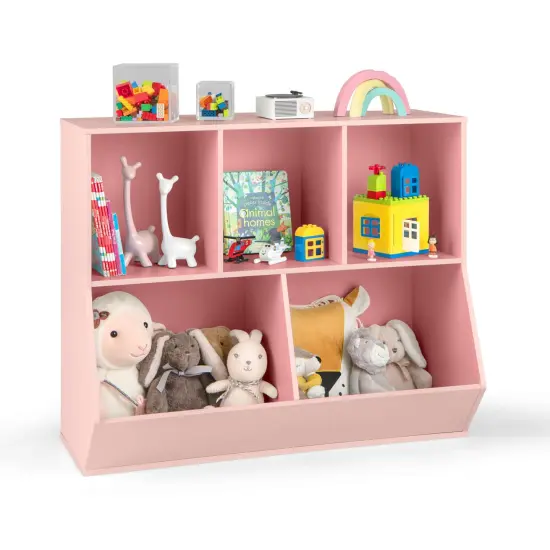 Costway 5-Cubby Kids Toy Storage Organizer Wooden Bookshelf Display Cabinet Natural/White {9}