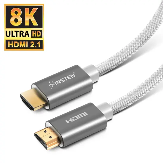 Insten - 6 Feet HDMI Male to Male Cable, 2.1 Version, 8K 60Hz, 48Gbps, Gold Connectors, Nylon Braided, White {2}