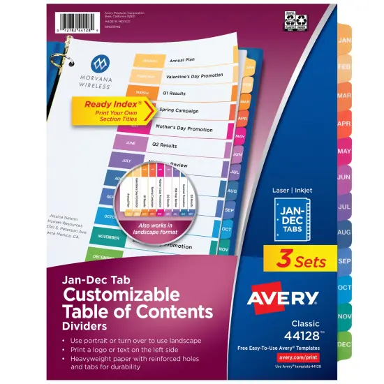 Avery Jan-Dec Dividers for 3 Ring Binders, 12 Tabs per Set, Customizable Table of Contents, Multicolor Tabs (3 Sets of 44128) {1}