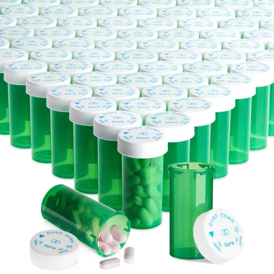250 Pack Empty Pill Bottles with Caps, Plastic 13 Dram Medicine Vials for Prescription Medication, Supplements (Green Bottles, White Lids) {1}