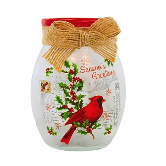 Stony Creek 4.0 Inch Vintage Postcard Small Jar Christmas Lighted Glass Accent , Christmas Decor Pre-Lit Electric Christmas CARDINAL {3}
