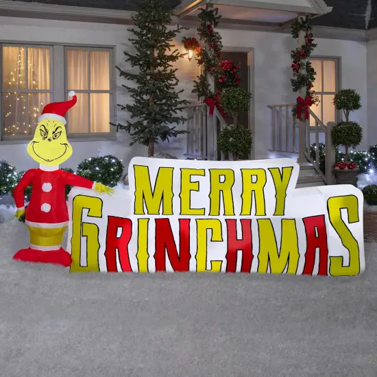 9' Gemmy Airblown Inflatable Christmas Dr. Seuss Grinch w/ Merry Christmas Sign Yard Decoration 882683 {2}