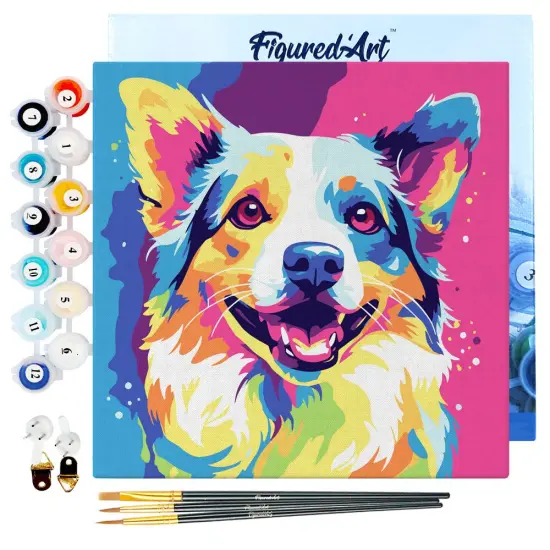 Figured'Art Mini Paint by Numbers Kit for Adults with Frame Dog Abstract Pop Art Small format 8"x8" - Craft Art Painting DIY Canvas Already Stretched on a Wooden Frame {1}
