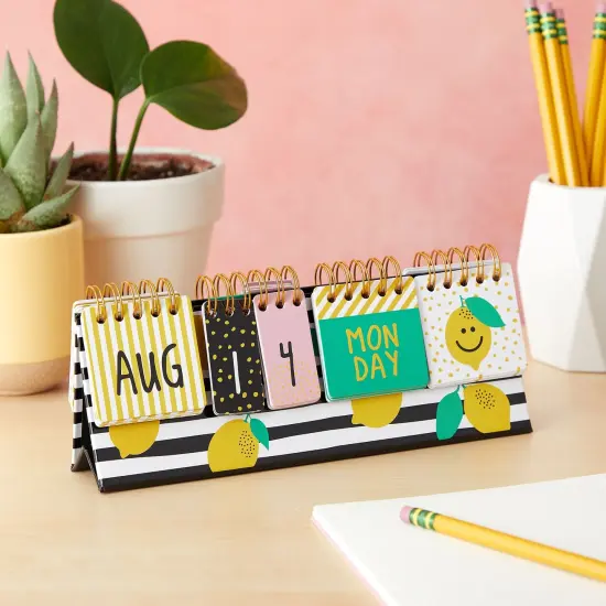 Lemon Perpetual Flip Calendar for Office Desktop, Classroom Supplies, Desk Calendar with Day, Date, and Month Display for Planning, Home, Kitchen Decor (8 x 3.5 Inches) Multicolor {4}