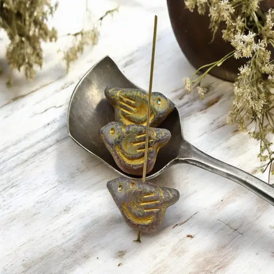 *6* 11x22mm Gold Washed Matte Lavender Bird Beads {5}