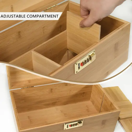 Bamboo Storage Box, 13.8" x 8" x 6" Extra Large Wooden Storgae Organizer with Combination Lock, Versatile Storage Contaniers with Adjustable Compartments for Home Office Jewelry Keepsakes {2}