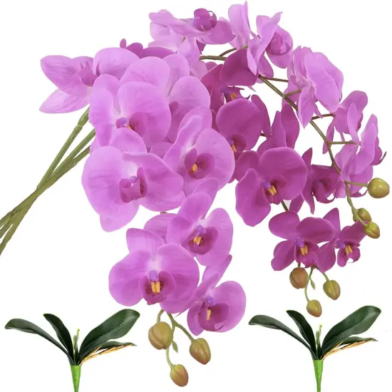 31" Artificial Silk Phalaenopsis Flowers 3 Pcs with 2 bundles Leaves Artificial Orchid Flowers Stem Plants in Purple Fake Butterfly Phalaenopsis Flowers for Home Wedding Party D&eacute;cor (Purple) {1}