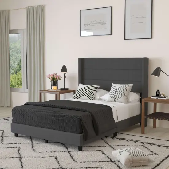 Merrick Lane Percy Modern Platform Bed with Padded Channel Stitched Upholstered Wingback Headboard and Underbed Clearance {7}