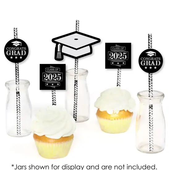 Big Dot of Happiness Graduation Cheers Paper Straw Decor - 2025 Graduation Party Striped Decorative Straws - Set of 24 {6}