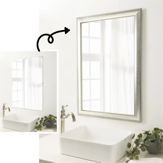 Amanti Art Mirror Makeover Bathroom Mirror Frame Border Kit -Fully Assembled Peel and Stick Frame - Mirror NOT Included - Flair Trim Flair Silver Patina {1}