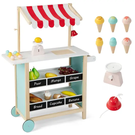 Costway Kids Ice Cream Cart Wooden Toddler Farmers Market Stand with Chalkboard & Storage White/Green {1}