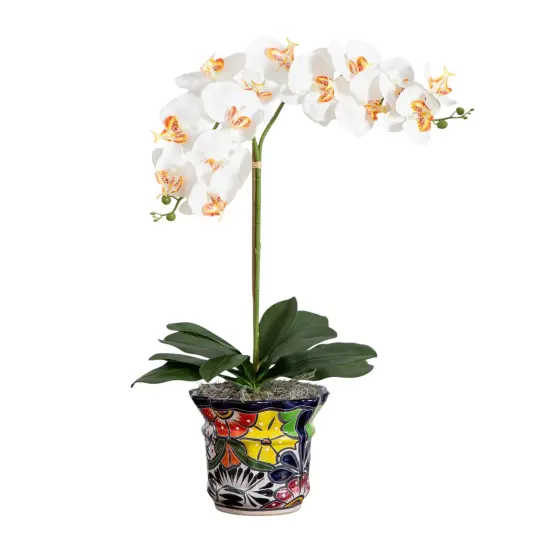 Nearly Natural Double Orchid Artificial Floral Arrangement in Mexican Talavera Planter - 26" White {3}