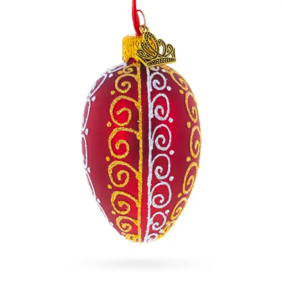 Red with Gold and White Swirl Design Mini Glass Egg Ornament 2.9 Inches {3}