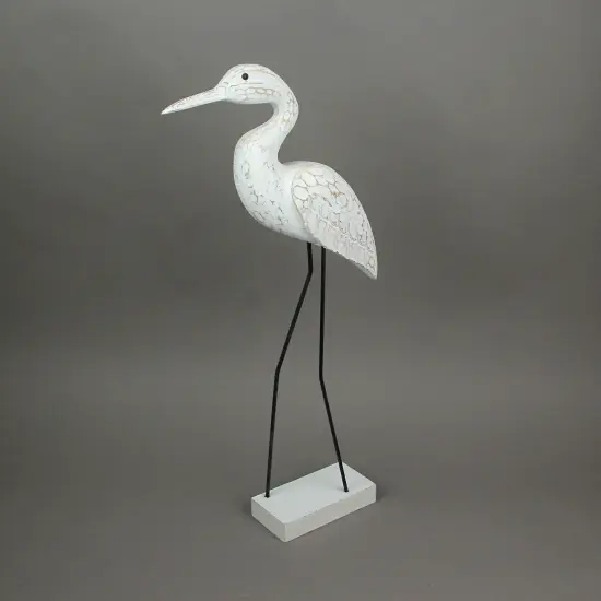Hand Carved Wood and Metal White Egret Bird Statue 21 Inches High Coastal Decor {5}