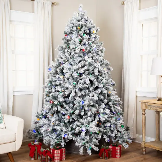 Northlight Pre-Lit Full Flocked Glacier Pine Artificial Christmas Tree - 7.5' Multi LED Green {4}