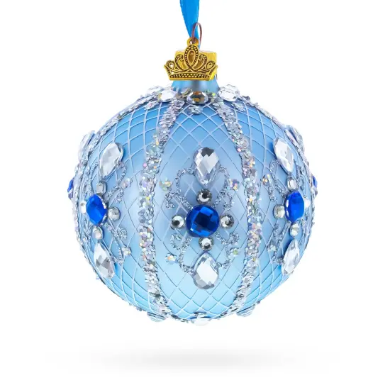 Luxurious Blue and Silver Jeweled Glass Ball Ornament 3.25 Inches {1}