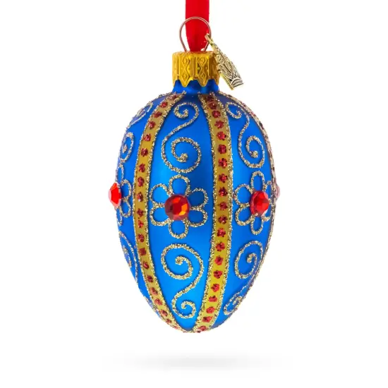 Royal Blue with Gold and Red Gem Accents Mini Glass Egg Ornament 2.9 Inches {4}