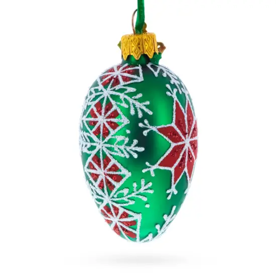 Festive Green with Red and White Snowflake Pattern Mini Glass Egg Ornament 2.9 Inches {4}