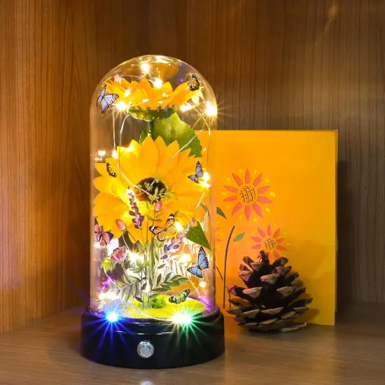Sunflower Gifts for Women,Yellow Artificial Sunflowers with LED Light in Glass Dome,Cute Sunflower for Christmas,Birthday, Mother's Day, Valentine's Day {2}