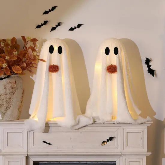 -2 Pack Light-Up Sherpa Ghosts with Pumpkin Halloween Decor {5}