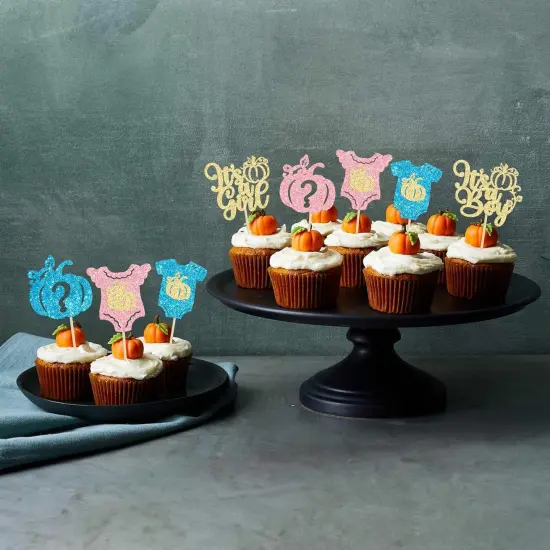 24Pcs Little Pumpkin Cupcake Toppers Glitter Pumpkin Gender Reveal {6}