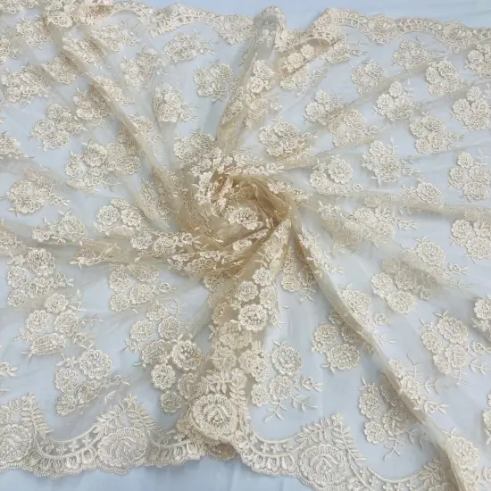 1 Yard Elegant Corded Lace Fabric Embroidered Bridal Mesh for Dresses 50" Width Champagne {1}