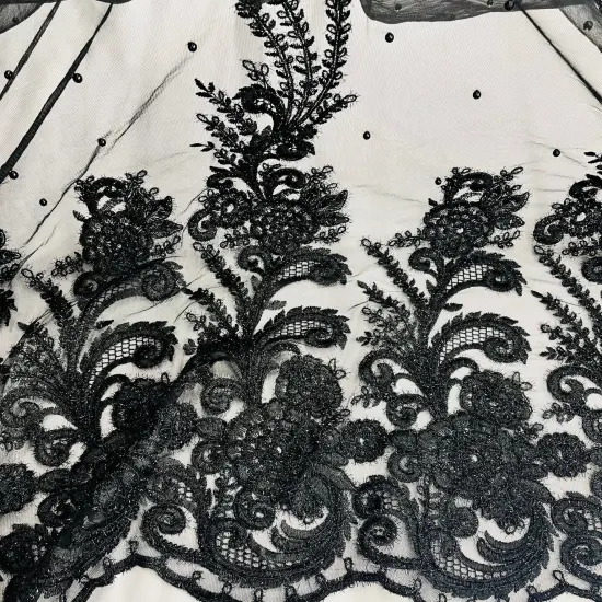 1 Yard Black Beaded Corded Lace Fabric for Couture Bridal Gowns Dance Dresses 56" Width {3}