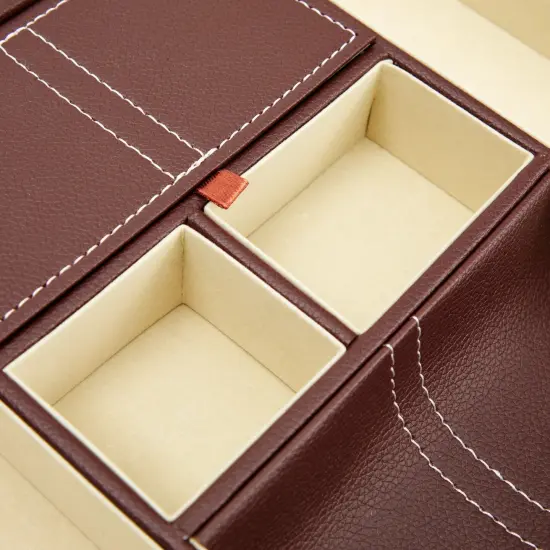 Leather Valet Catchall Tray for Men with 6 Compartments - Bedside Nightstand Organizer for Phones (Brown) {6}