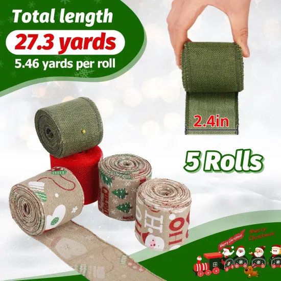 5 Colors Wreaths Burlap Ribbon- Total 27.3yards Christmas Xmas Wired Edge Ribbon for Gift Wrapping Bows Rustic Crafts Supplies Weddings Holiday Decorations - 2.4in Wide {3}