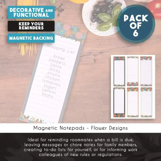 6 Pack Magnetic Notepads for Refrigerator - Shopping List, To-Do, Memo, Scratch Pads (6 Floral Designs, 60 Sheets Each) White {5}