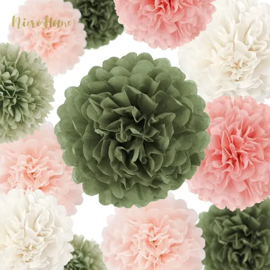 Bridal Shower Decorations, 12 PCS Pink Moss Sage Green Tissue Paper Pom Poms Paper Flowers for Boho Neutral Baby Shower Wedding Engagement Birthday Spring Summer Party Decorations {2}