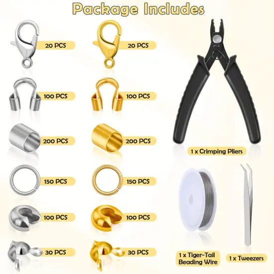 1200 Pcs Crimp Beads Kit for Jewelry Making, Acejoz Crimp Beads, Crimp Covers, Crimp Tubes and Wire Guardians, Lobster Clasps, Jump Rings, Crimping Pliers and Beading Wire for Jewelry Making {2}