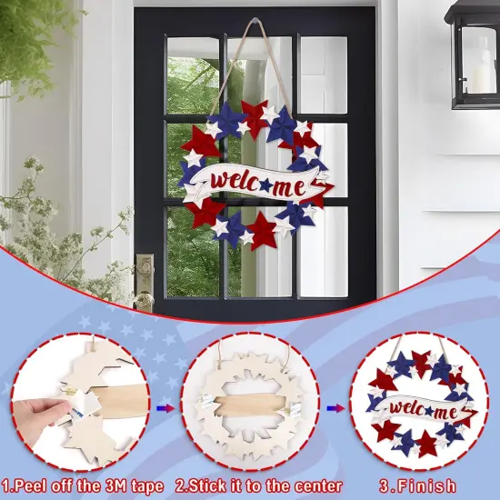 4th/Fourth of July Decorations Welcome Wreath for Front Door - Wooden Red White and Blue Star Sign, Patriotic Memorial Day Porch Home Wall Outside Decor {4}