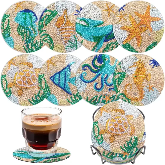 Ocean Diamond Art Coasters Kits, 8 Pcs Diamond Painting Coasters with Holder Set, DIY Ocean Diamond Craft Supplies Coasters for Drinks, Diamond Art Kits for Adults {1}