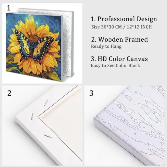 Framed Paint by Numbers on Canvas Flowers Acrylic Paint by Numbers Kits for Adults Beginner Butterfly on Sunflower Pictures Painting Kits Ideal Gift Home Wall Decor 12x12 Inch {4}