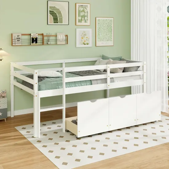 Twin Size Low Loft Bed with 3 Storage Drawers Ladder and Guardrails Gray {8}