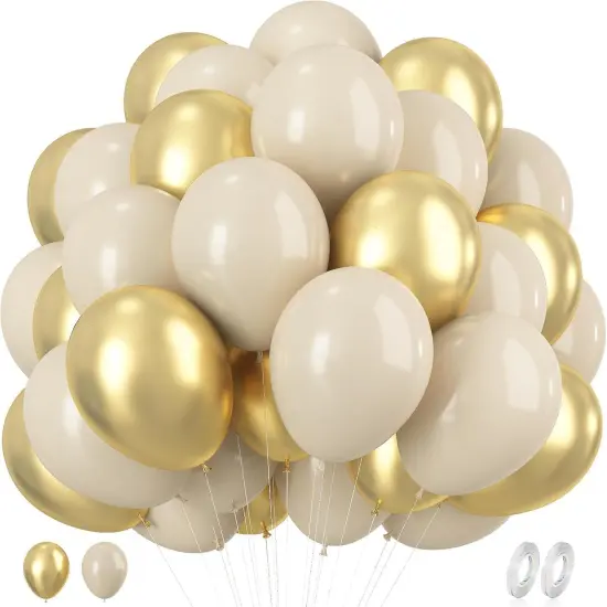 White Sand and Gold Balloons, 60pcs 12 Inch Beige White Gold Balloons Latex Helium Party Balloons {1}