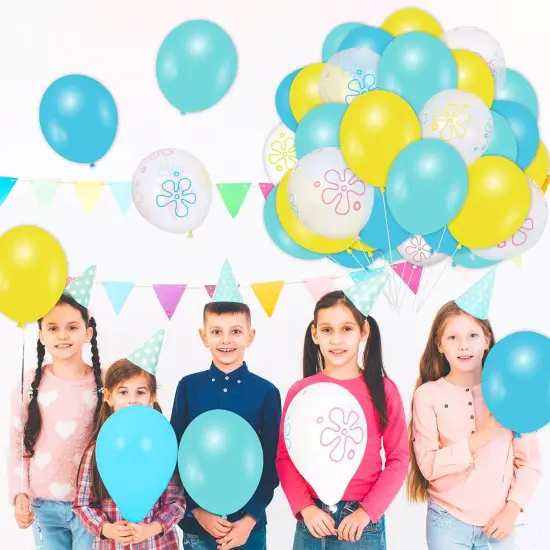 60Pcs Cartoon Sponge Party Balloon Bikini Flower Bubble Printed Latex Balloon Teal Blue Yellow Clear Balloon for Birthday Baby Shower Party Decor, 12 in {4}