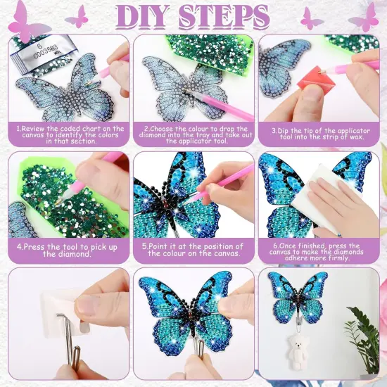 25 PcsDIY Diamond Art Painting Wall Hook Key Holder Butterfly Wall Hooks Rhinestone Dot Gem Art Kits Sticky Hooks for Towel Hat Kitchen Decoration {3}