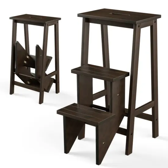 3-in-1 Rubber Wood 3 Tier Folding Step Stool Ladder Storage Shelf Coffee {7}