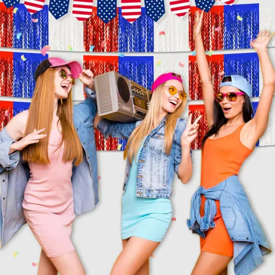 6 Pack 10 Feet White Blue Red Wave Foil Fringe Garland Metallic Tinsel Streamers Banner Wall Hanging Curtain Backdrop {4}