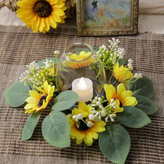 Summer Candle Ring Sunflower Mini Wreath Artificial Flowers Wedding Centerpieces 10" for Home Garland Tabletop Farmhouse Rustic Country Party Decor {5}